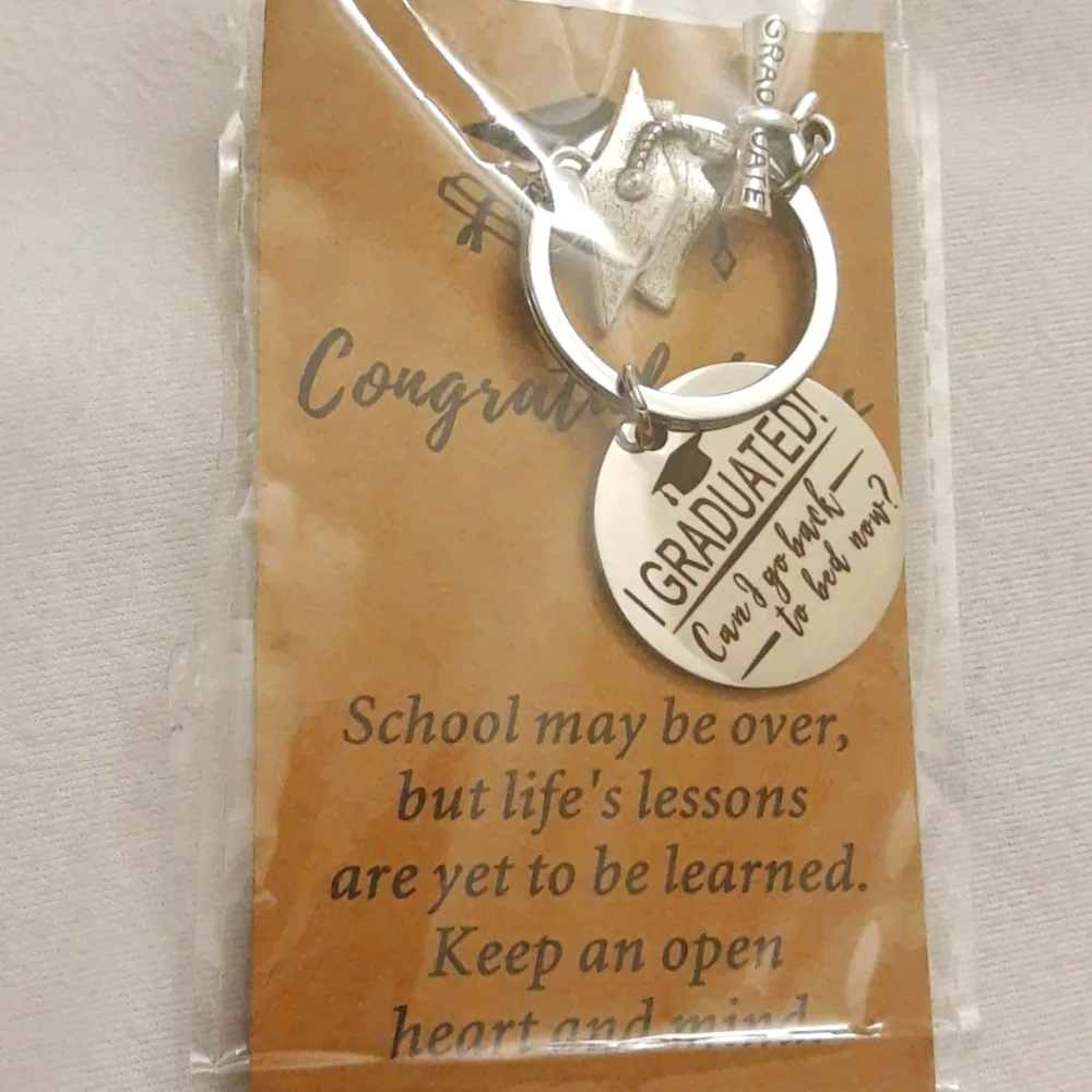 Graduation Gift CAN I GO BACK TO BED NOW Funny Grad Keychain Jewelry NEW SEALED